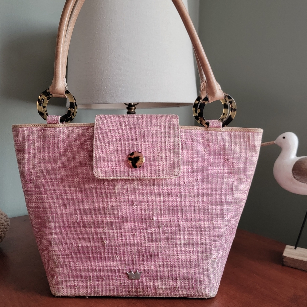 Elaine Turner Pink Woven Textured Tote Acrylic Ring Handles Bag